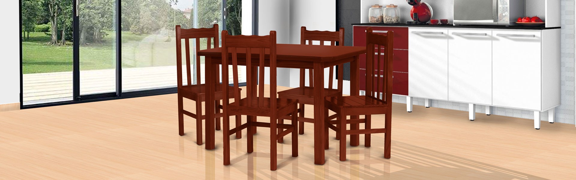 Conjunto mesa 1,20 x 0,75 com 4 cadeiras de encosto alto mogno